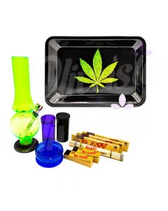 Black With Green Swirls Leaf Metal Rolling Tray Bong Set