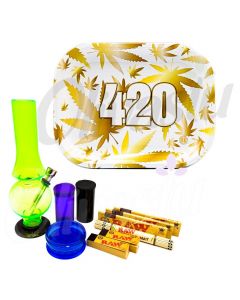 420 Gold Weed Leaf Metal Rolling Tray Bong Set