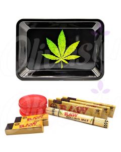 Black With Green Swirls Leaf Metal Rolling Tray Set