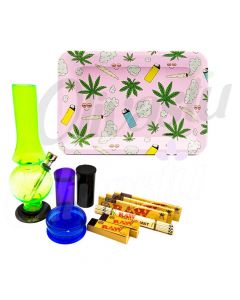 Cloud 9 Weed Design Pink Metal Rolling Tray Bong Set