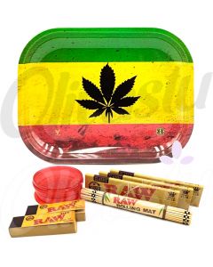 Rasta Tray with Black Leaf Metal Rolling Tray Set