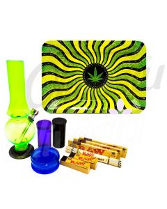 Green Wavy Hypnotic Leaf Metal Rolling Tray Bong Set