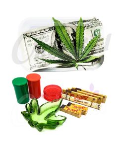 100 Dollar Green Leaf Metal Rolling with Ash Tray Set