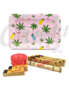 Cloud 9 Weed Design Pink Metal Rolling Tray Set