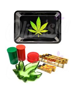 Black With Green Swirls Leaf Metal Rolling Tray Set