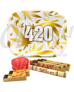 420 Gold Weed Leaf Metal Rolling Tray Set