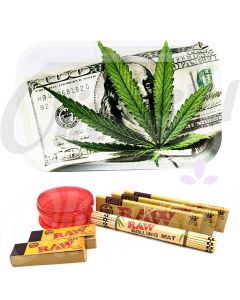 $100 Dollar Green Leaf Metal Rolling Tray Set