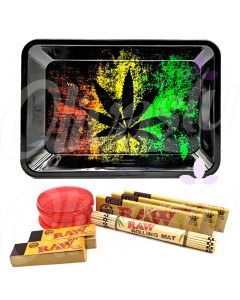 Black Leaf Rasta Metal Rolling Tray Set