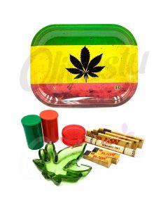 Rasta Black Leaf Metal Rolling Tray with Ash Tray Set