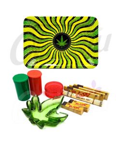 Green Wavy Hypnotic Leaf Metal Rolling Tray Ash Tray Set