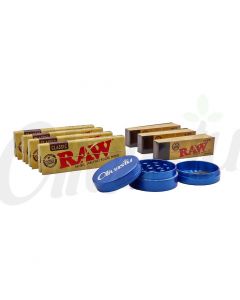 4 x Raw 1 1/4 + 3 x Roach Tips + Metal 3 Part Grinder Gift Set