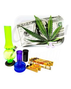 100 Dollar Green Leaf Metal Rolling Tray Set