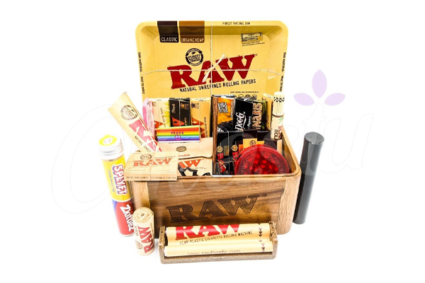 Ultimate RAW Wooden Cache Box with Rolling Tray Set - 21 Items